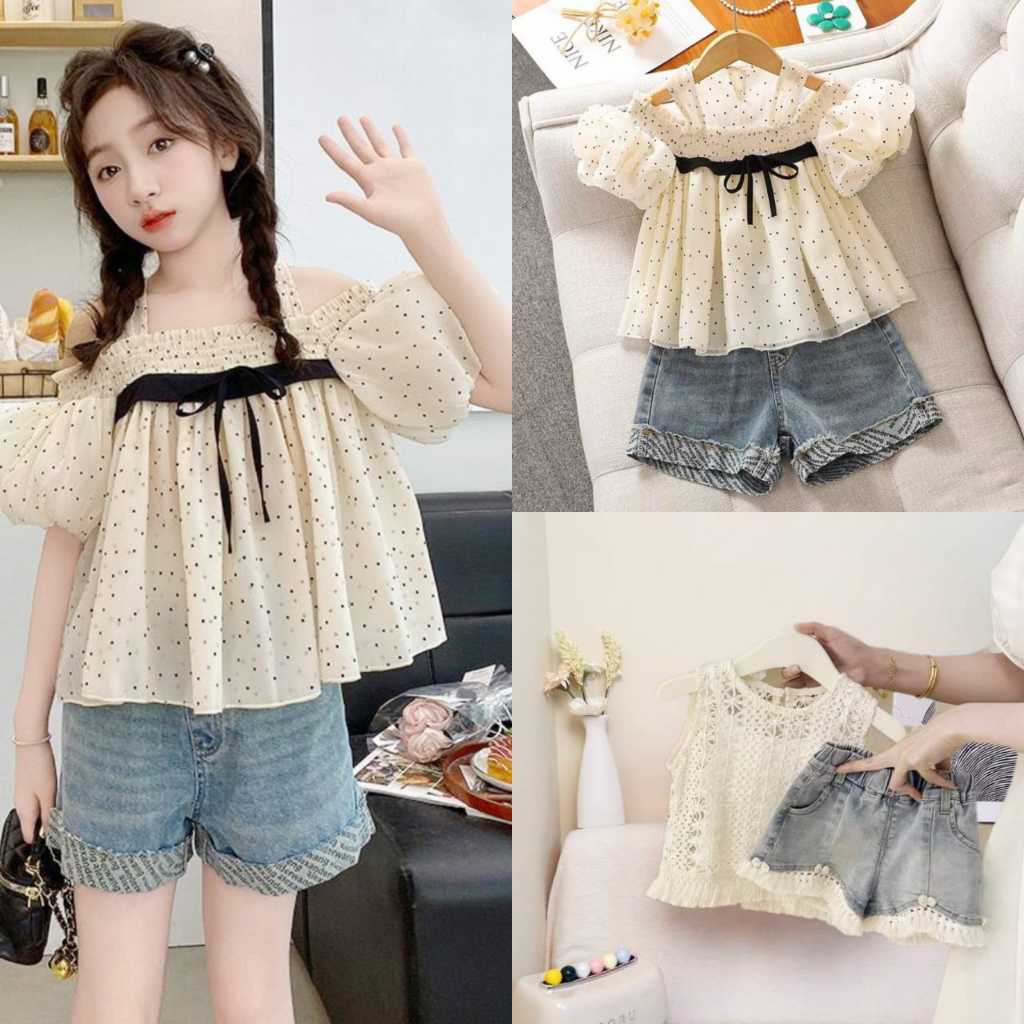 [KIDSFASHIONKOLEKSI] 3003 & 3015 Setelan Vanya Vest Crop 3in1 Brokat + Short Jeans Rawis Anak Peremp