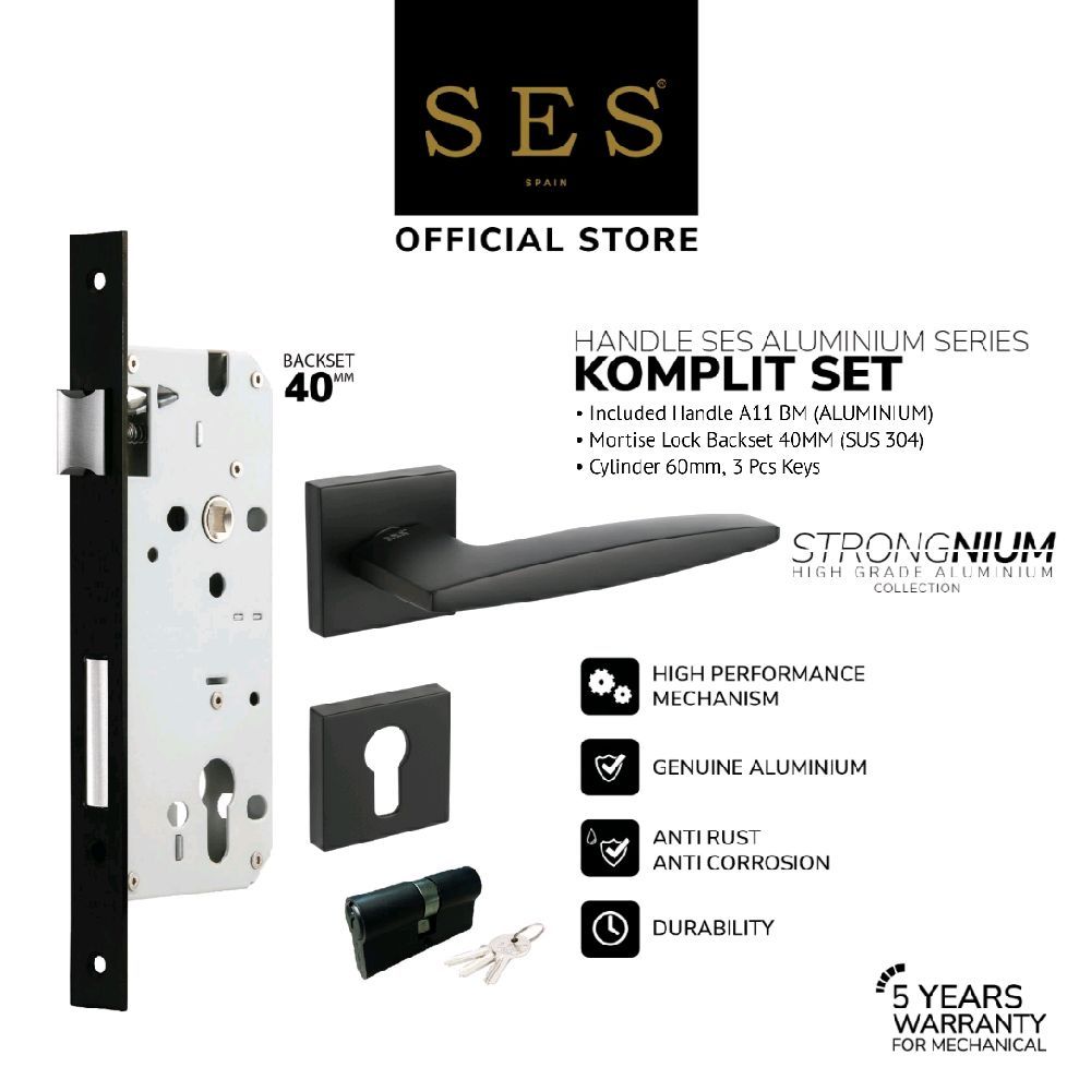 Gagang Pintu Set - Handle Pintu SES Aluminium A11 BM + Body Kunci SES ECO E2030 - 40mm BM