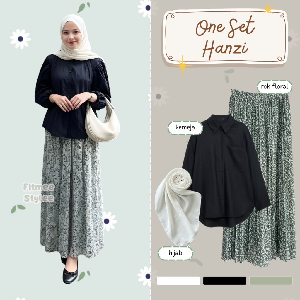 One Set Wanita 3in1 Outfit Set | Kemeja, Rok Floral, Hijab Square | Setelan Baju OOTD Kekinian Casua