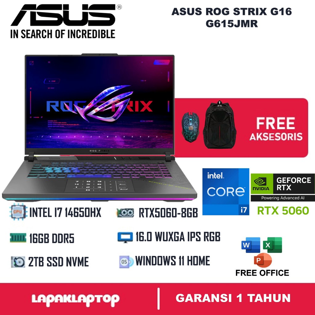 Laptop Asus ROG Strix G16 G615JMR Intel Core i7 14650HX Ram 32GB  DDR5 1TB SSD RTX5060-8GB