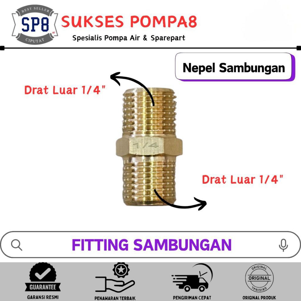 Nepel Sambungan Double Nepel Drat Luar Kuningan 1/4 Inch