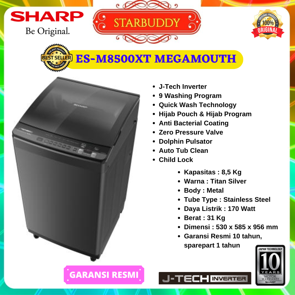 MESIN CUCI SHARP ES-M8500XT TOP LOADING INVERTER 8.5 KG