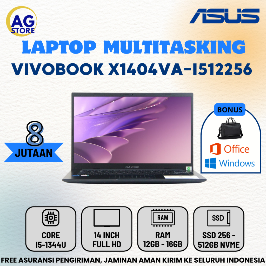 Baru Laptop Asus VivoBook X1404VA-I512256 Core i5-1334U Ram 16Gb Ssd 512Gb Nvme 14" Full HD Windows 