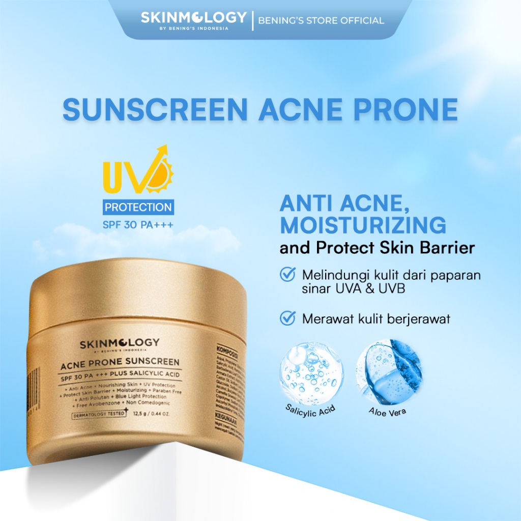Skinmology Bening's Clinic Indonesia - Acne Prone Sunscreen Krim Siang - Salicylic Acid SPF 30PA++++