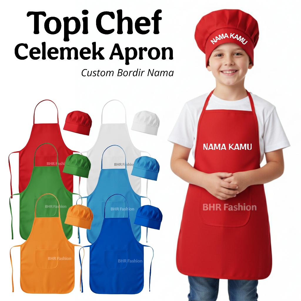 Topi Chef Koki Anak Celemek Apron Custom Bordir Nama