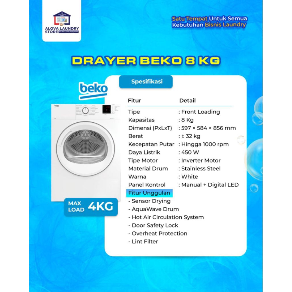 Mesin Pengering Beko 8 kg ( Front Loading)