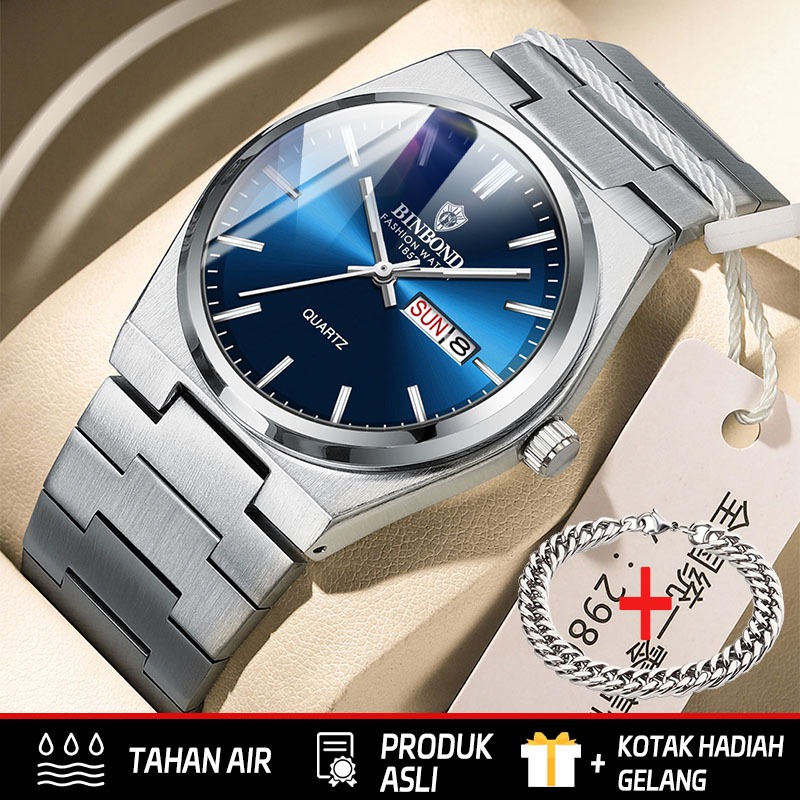 BINBOND Men Fashion Watch Luminous Water Proof Watch Stainless Steel Strap +Gift Box