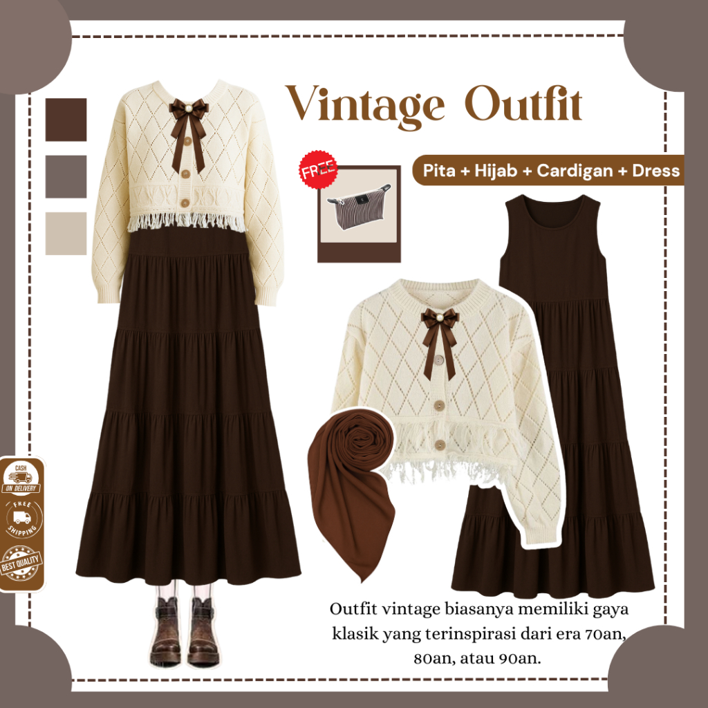 Lura Outfit Vintage  ( Pita + Hijab + Cardigan Rawis + Dress ) Ootd Yearbook Vintage Viral - N25