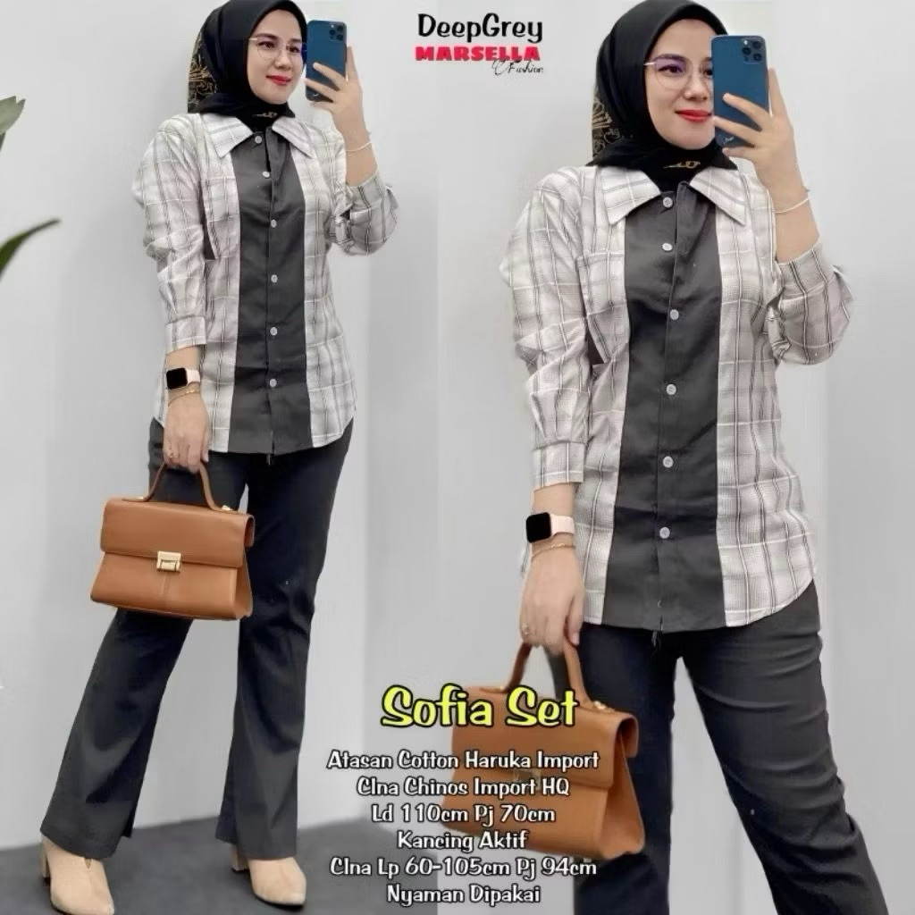Alda Set setelan wanita atasan kemeja Katun import + celana chinos premium