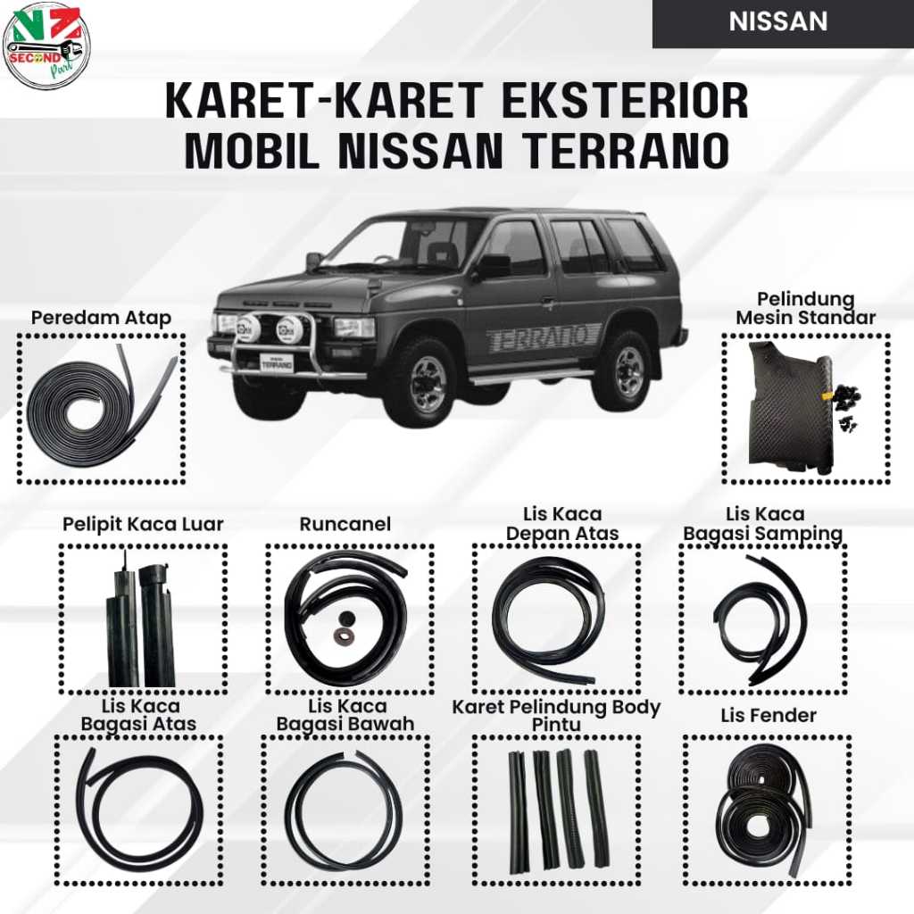 Karet-Karet Eksterior Mobil Nissan Terrano - Pelipit Kaca Luar, Runcanel, Lis Kaca Depan, Karet Kaca