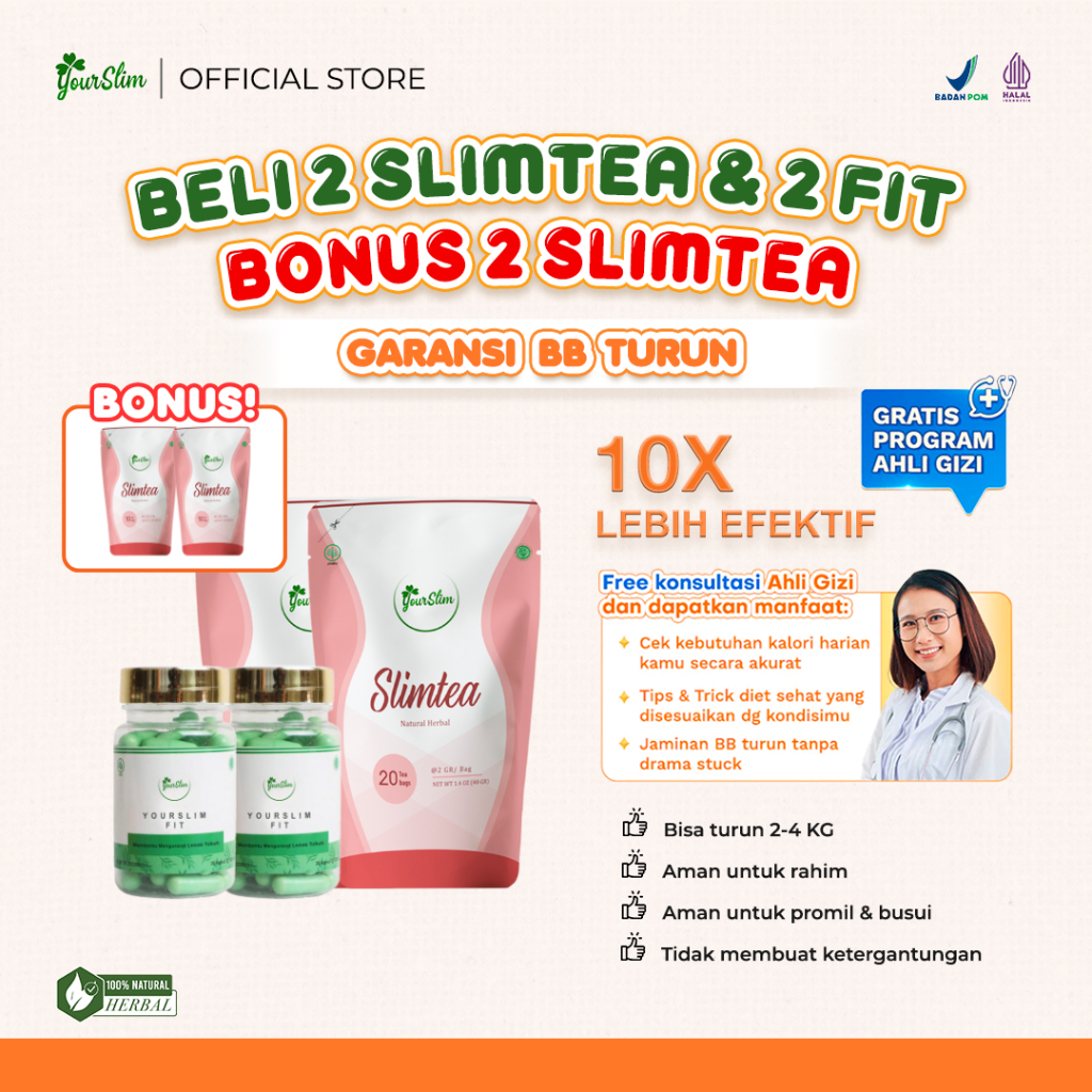 Yourslim Paket Hemat 2 YS FIT & 2 SLIMTEA / Penurun Berat Badan Pemula Busui Promil Herbal SINGSET T