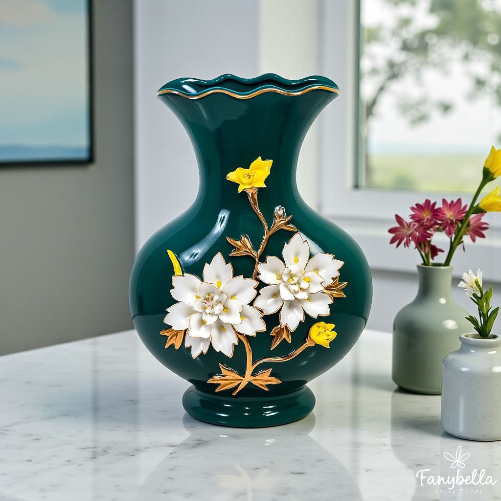 Vas Bunga Keramik Hijau Emas Guci Import Mewah Sultan Eropa Dekorasi Hiasan Rumah