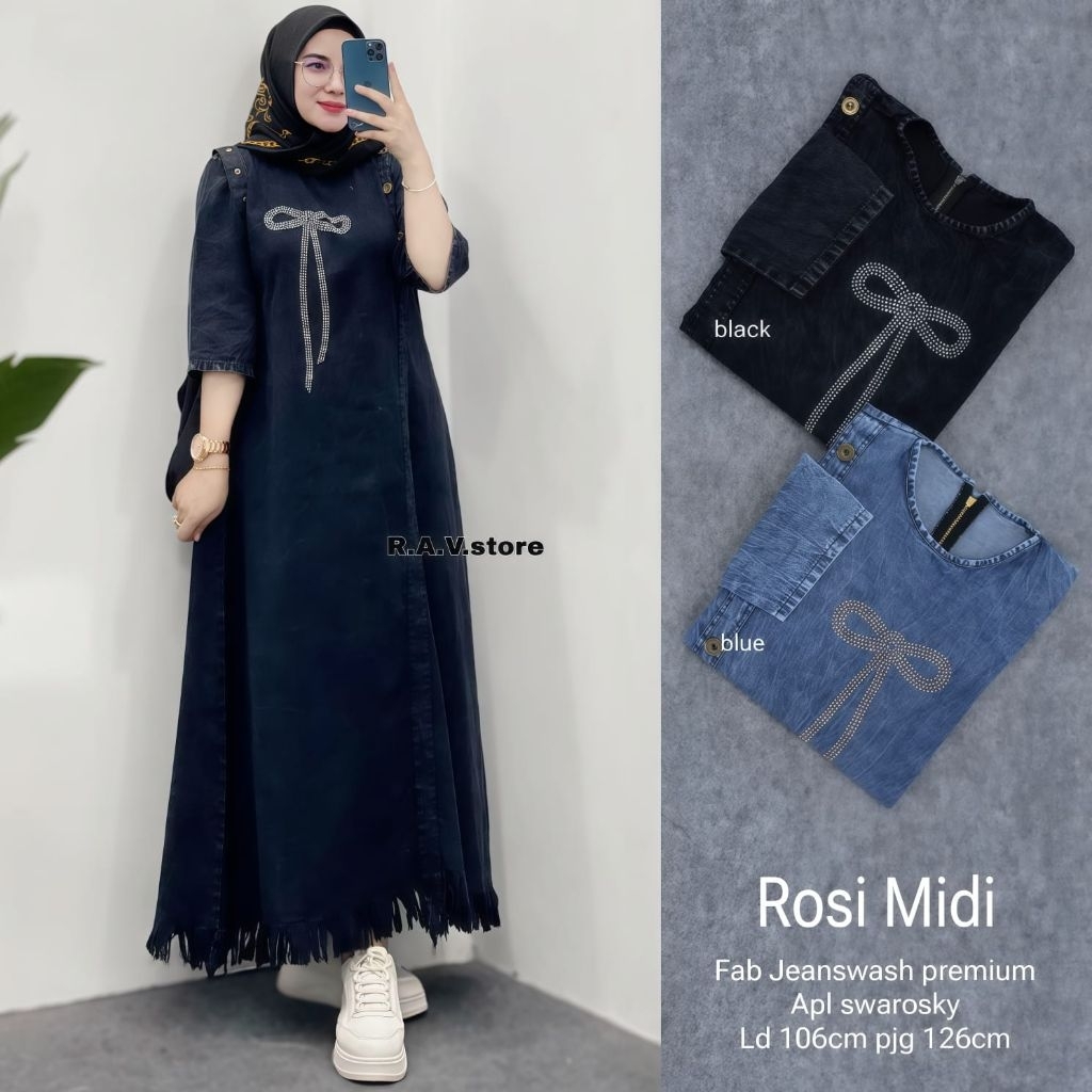 Rosi Midi, Midi Dress Jeans Wanita Model Terbaru, Midi Dress Jeans Wanita Kekinian