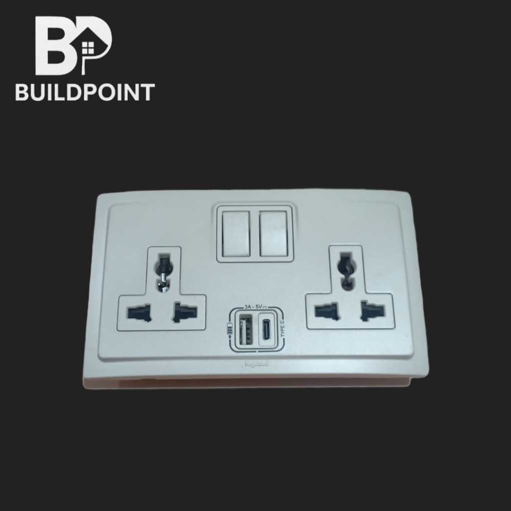 Legrand Stop Kontak Dinding 2 Lubang + 2 USB Port Type A & C 3A 5V | Dual Switch Wall Socket Modern