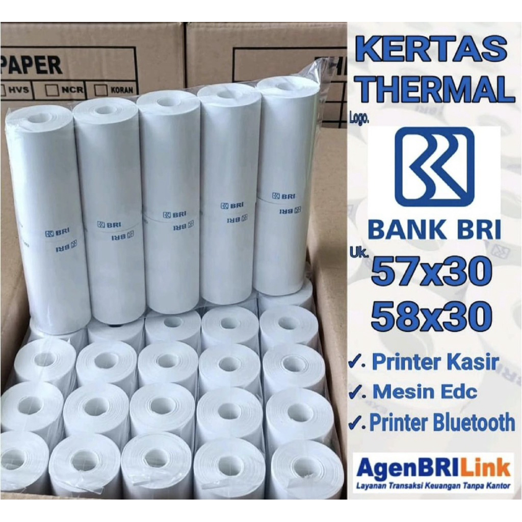 Kertas Thermal BRI Kertas Kasir Ukuran 57x38mm Cocok untuk printer thermal mini, agen Brilink, Print
