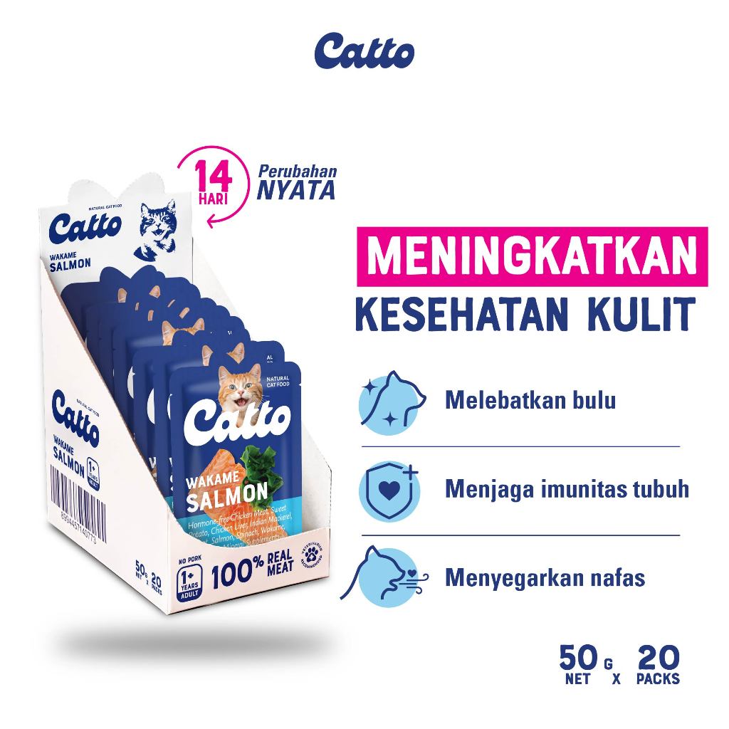 Catto Makanan Kucing Basah Cat Food - Box Wakame Salmon Adult 50gr x 20pcs | Natural Wet Cat Food (R