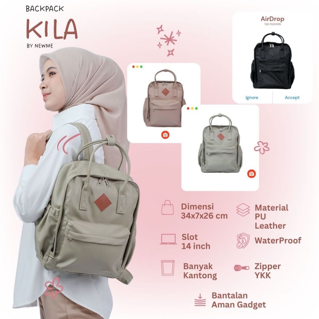 Backpack Kyla – Tas Ransel Laptop Tablet 14 Inch, Waterproof, YKK, Tas Wanita, Tas Sekolah Cewek