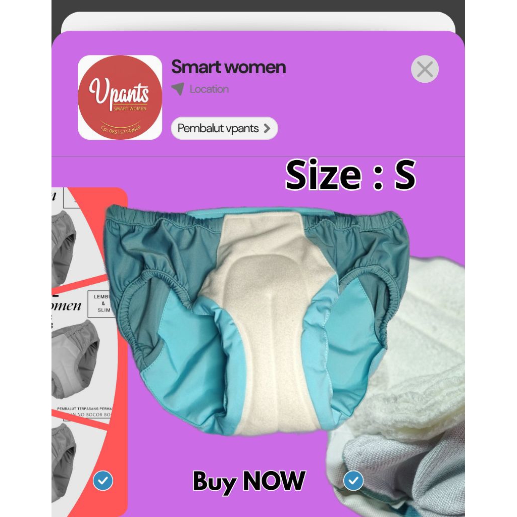 Pembalut wanita Vpants  Size : S 1pcs | Celana Pembalut | Pembalut Kain | menspad | Menstrual cup | 