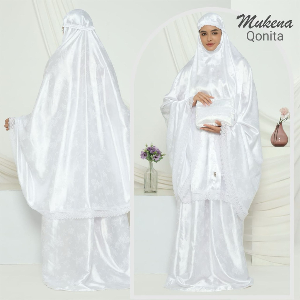 MukenaQonita | Satin Putih Renda Series | Luxury Series | Silk Premium | Mukena Lebaran | Free Pouch