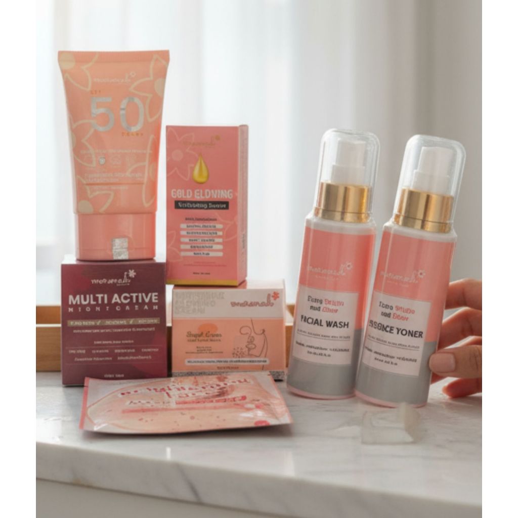 Paket Super Lengkap Meronah Skincare (Cream + Sabun Collagen + Toner + Serum Gold Glowing + Multiact