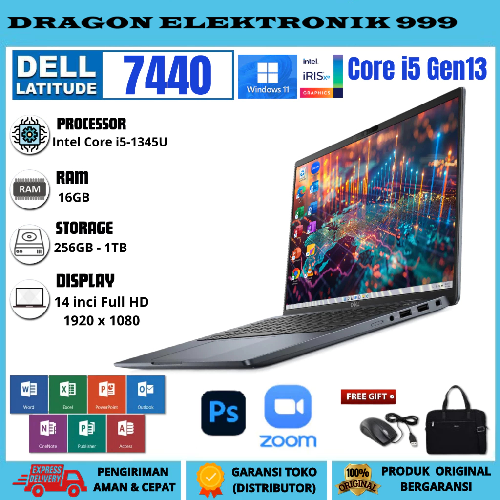 LAPTOP DELL 7440 Intel Core i5 Gen13 RAM 16GB / 1TB IRIS 14 Inch FHD FREE TAS DAN MOUSE