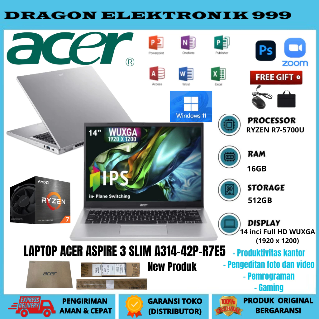 LAPTOP BARU BERGARANSI RESMI ACER  LAPTOP ACER ASPIRE 3 SLIM A314-42P-R7E5 14" WUXGA RYZEN R7-5700U 