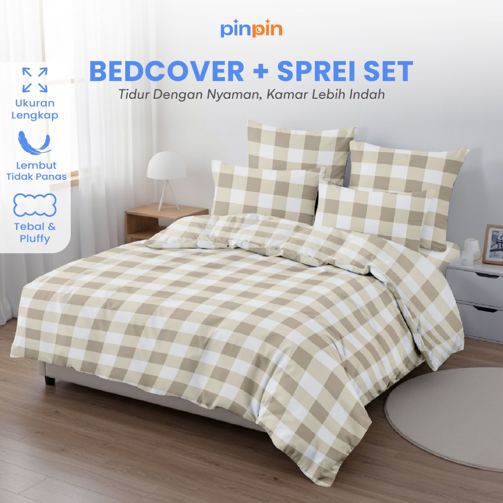 Bed Cover Set Sprei Emily Khaki Ukuran Lengkap - 180x200/160x200/200x200 - Pinpin Bedcover