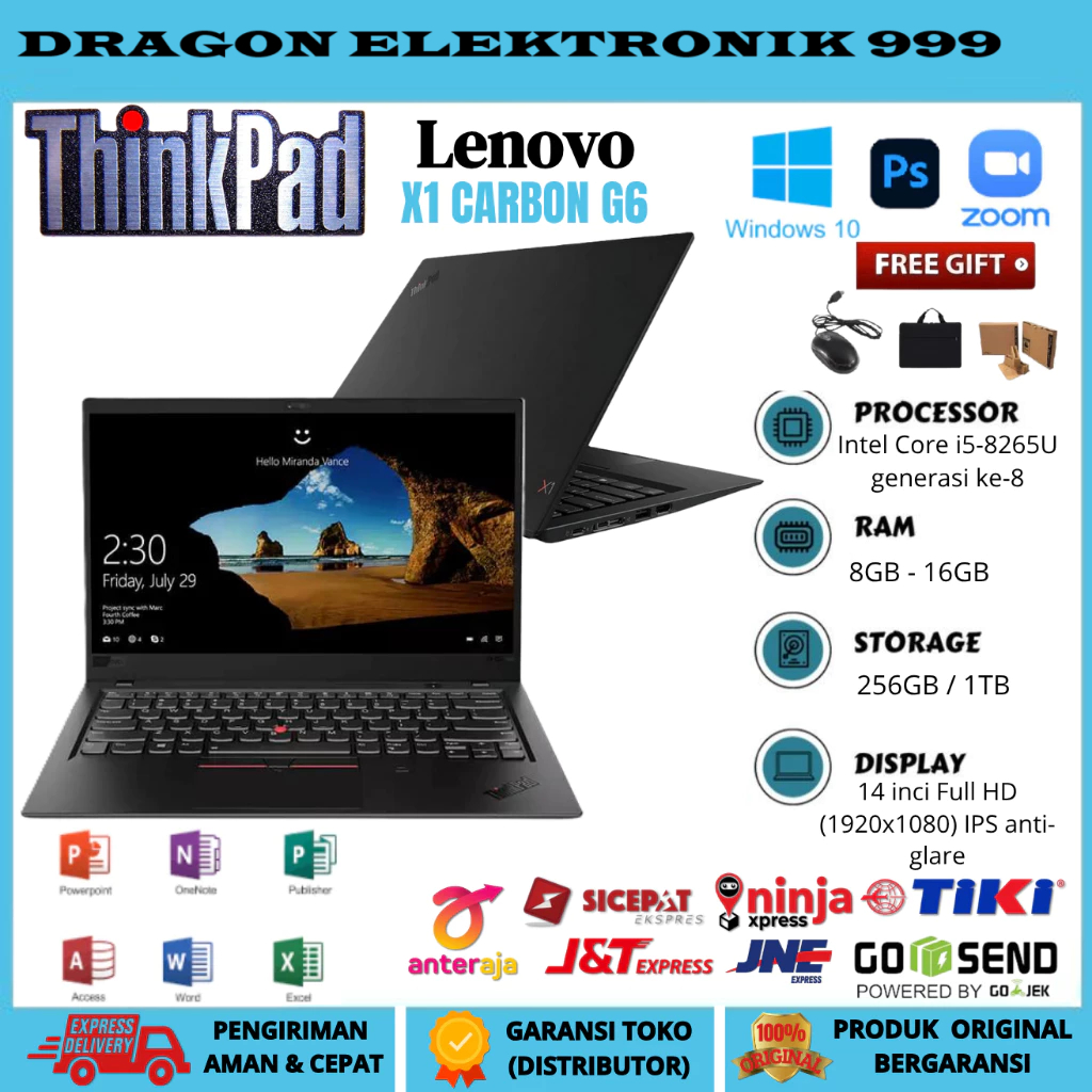 Laptop Lenovo Series X1 Carbon G6 Core i7/ i5 GEN 10 Ram 16/512GB Ssd Free Mouse/Tas Ultrabook