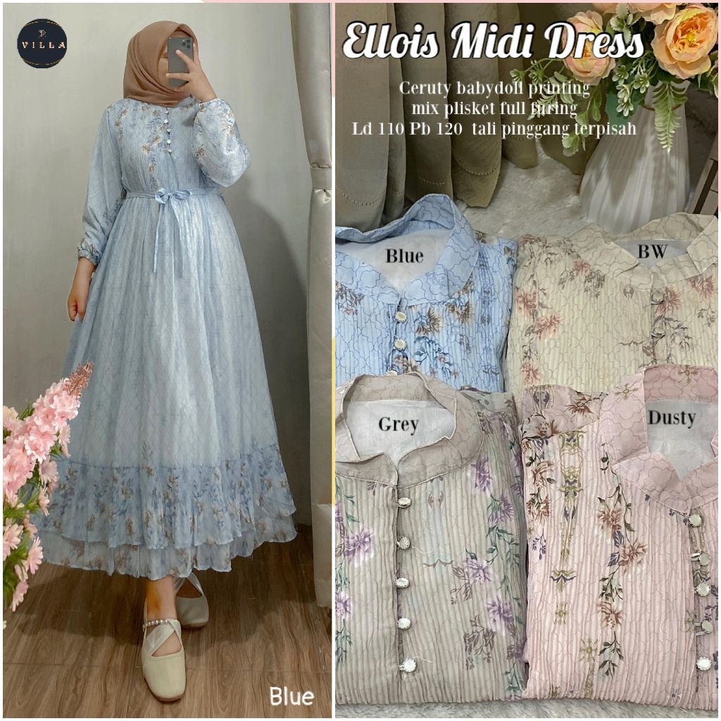 ELLOIS BIDARI MIDI DRESS PREMIUM CERUTI PLISKET ORI BY VILLA  // GAMIS CERUTI FULL FURING MOTIF BUNG