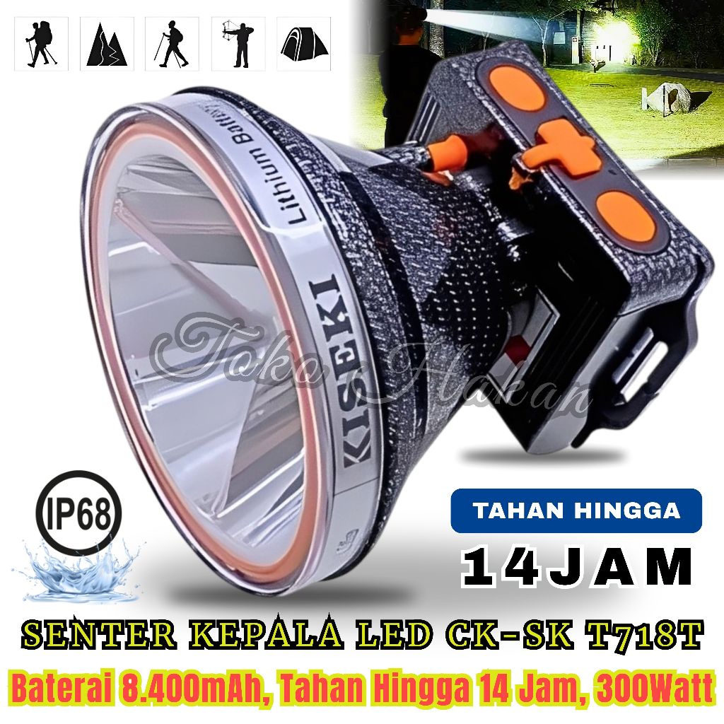 Senter Kepala KISEKI 300Watt CK-SK717T/CK-SKT718T Headlamp Ring 100, 300W Cahaya Putih Tahan Sampai 