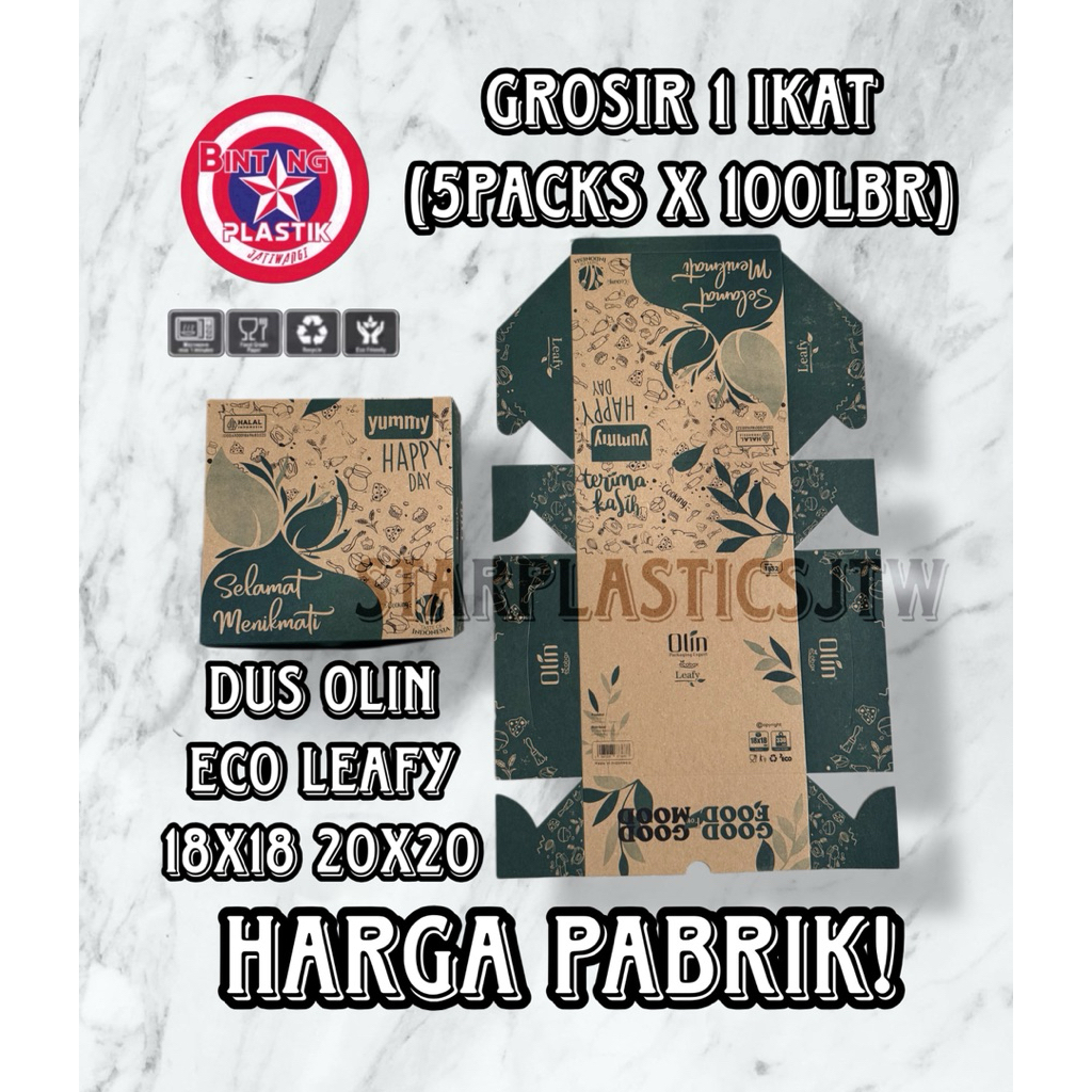 [GROSIR 1 IKAT] Dus Nasi OLIN Eco Leafy 18 x 18cm / 20 x 20cm (5Packs x 100Lbr) Kue Snack Box Kraft 