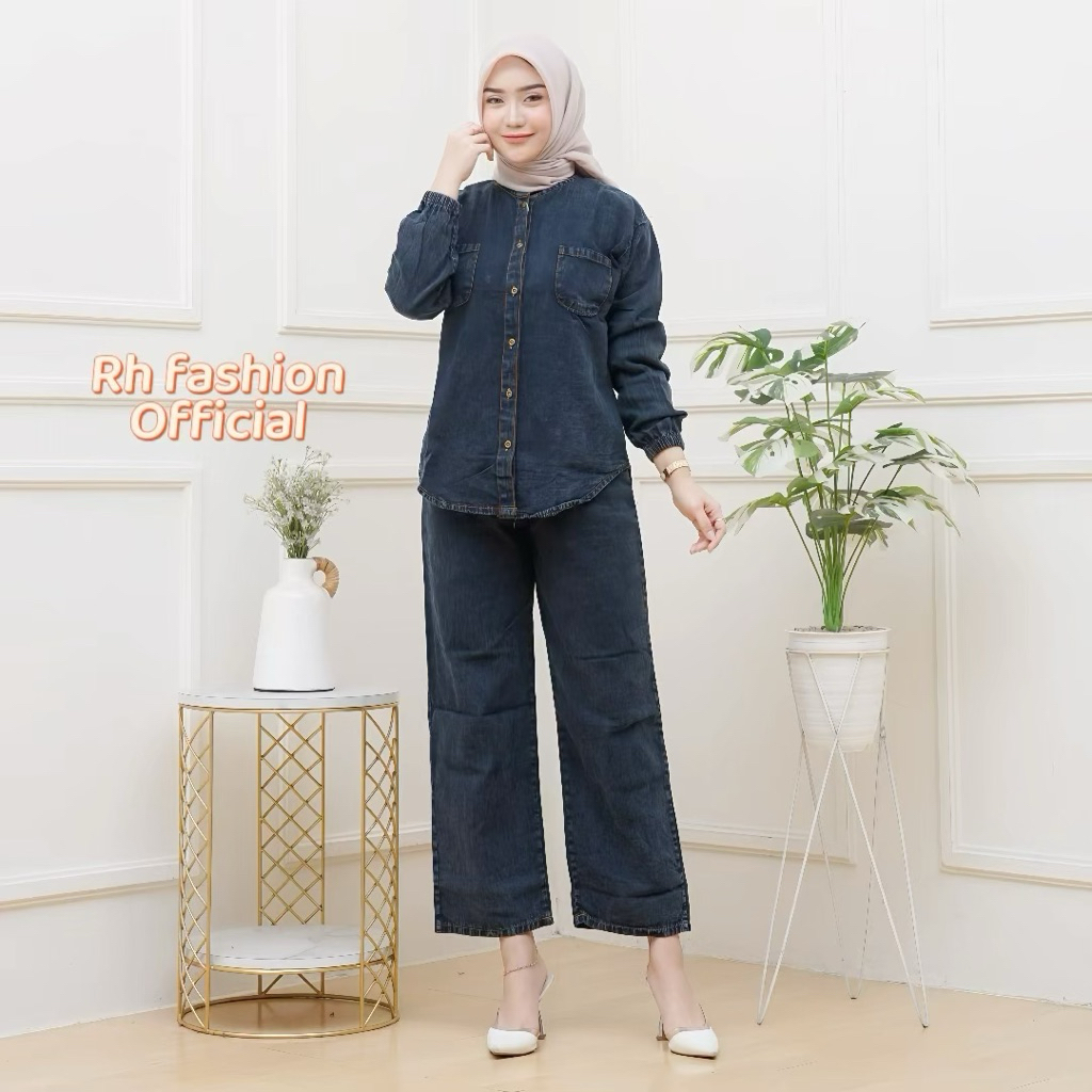 {BISA COD} Setelan Tunik Setelan wanita Baju wanita terbaru masa kini Tunik jeans wanita Albania set