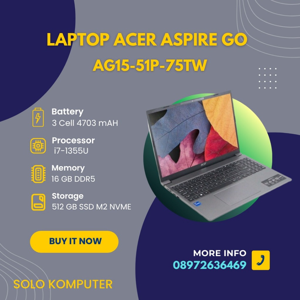 LAPTOP CORE I7 TERMURAH TER BARU Acer Aspire Go 15 AG15-51p-75TW with Intel i7-1355u and 16GB RAM an