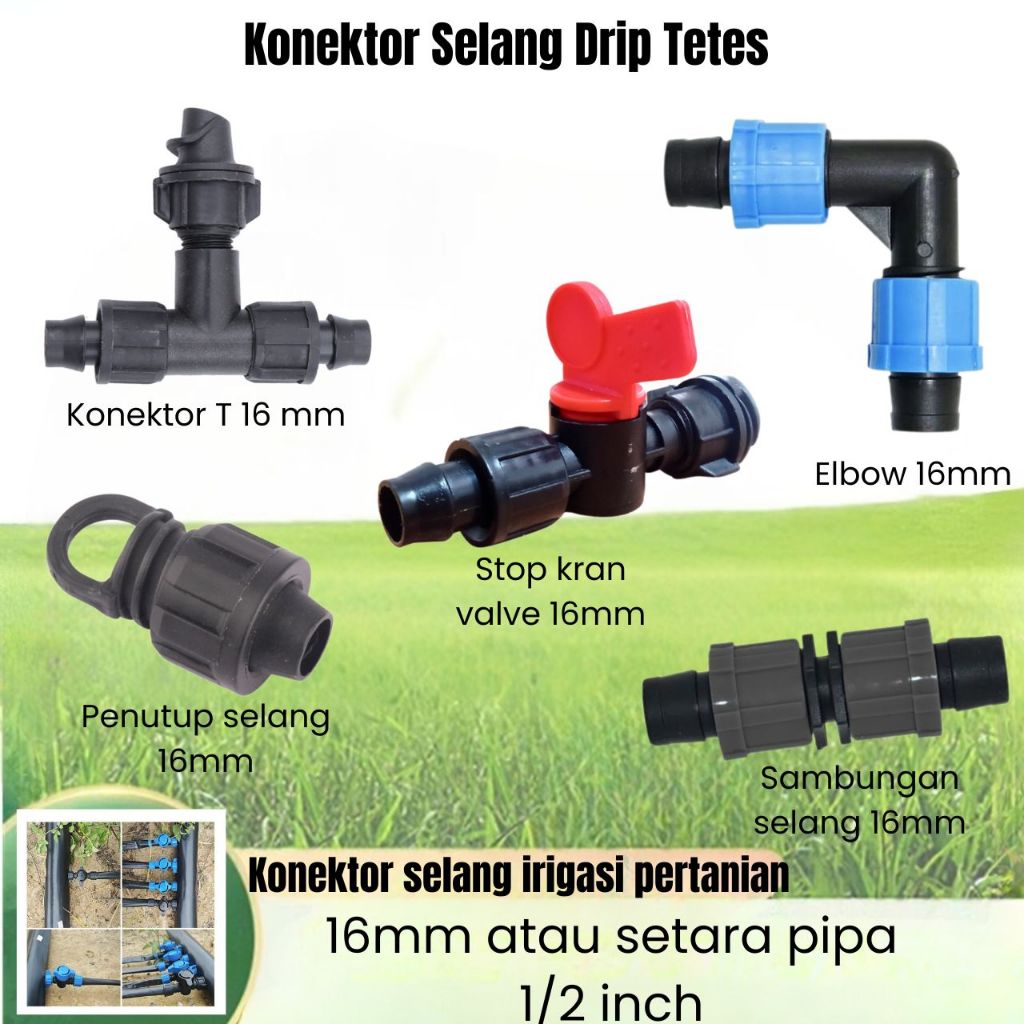 Stop Kran Ball Valve Selang 16 mm Penutup T Konektor Selang Irigasi Sambungan Elbow Selang Tetes