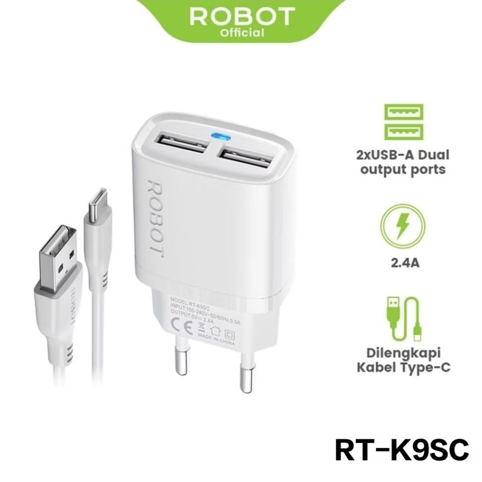 ROBOT RT-K9SC Travel Adaptor Charger Dual Port USB with LED indikator & Kabel USB Tupe-C 2.4A Fast c