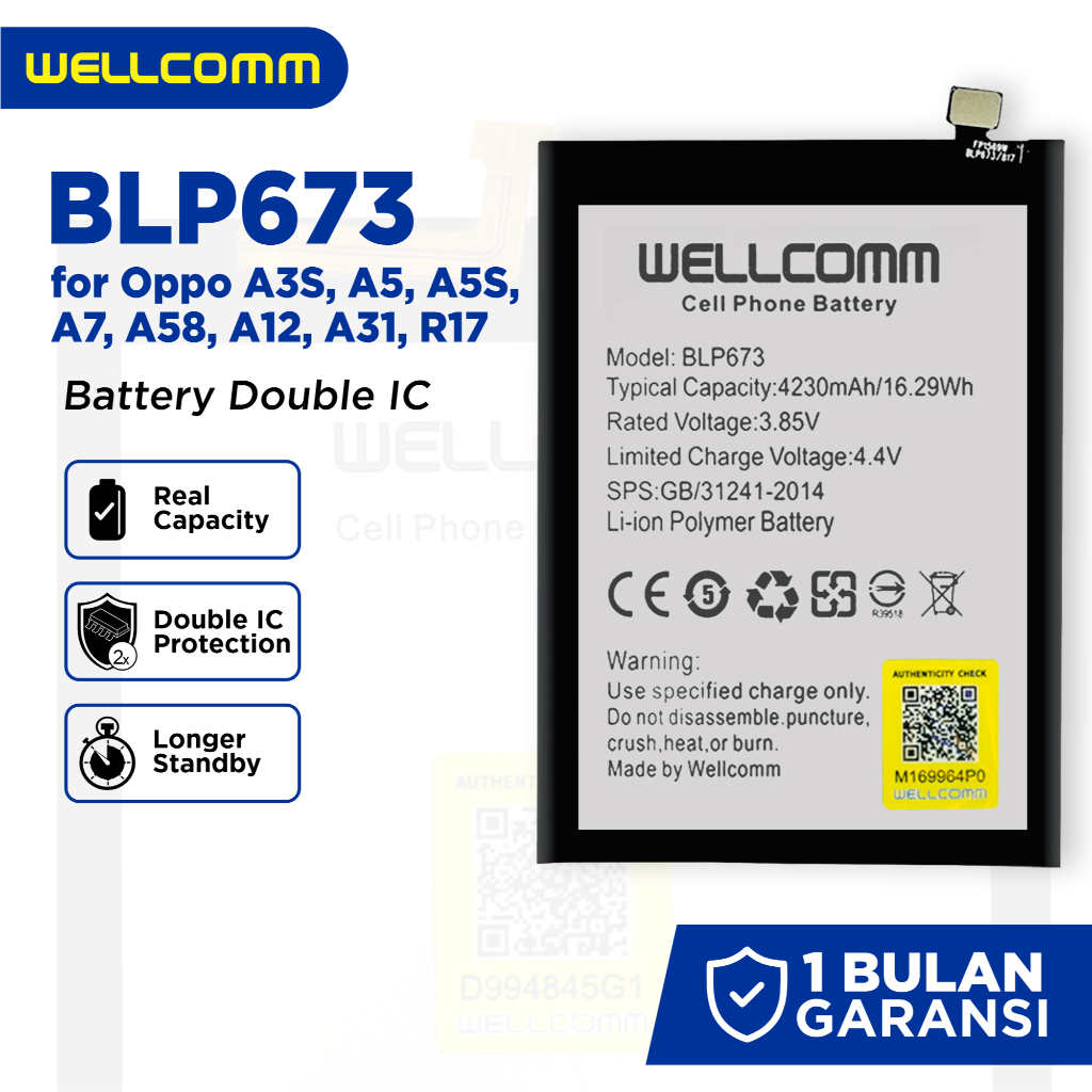 Wellcomm Baterai Oppo A3s A5s A7 A31 2020 C1 C2 BLP673 Double IC