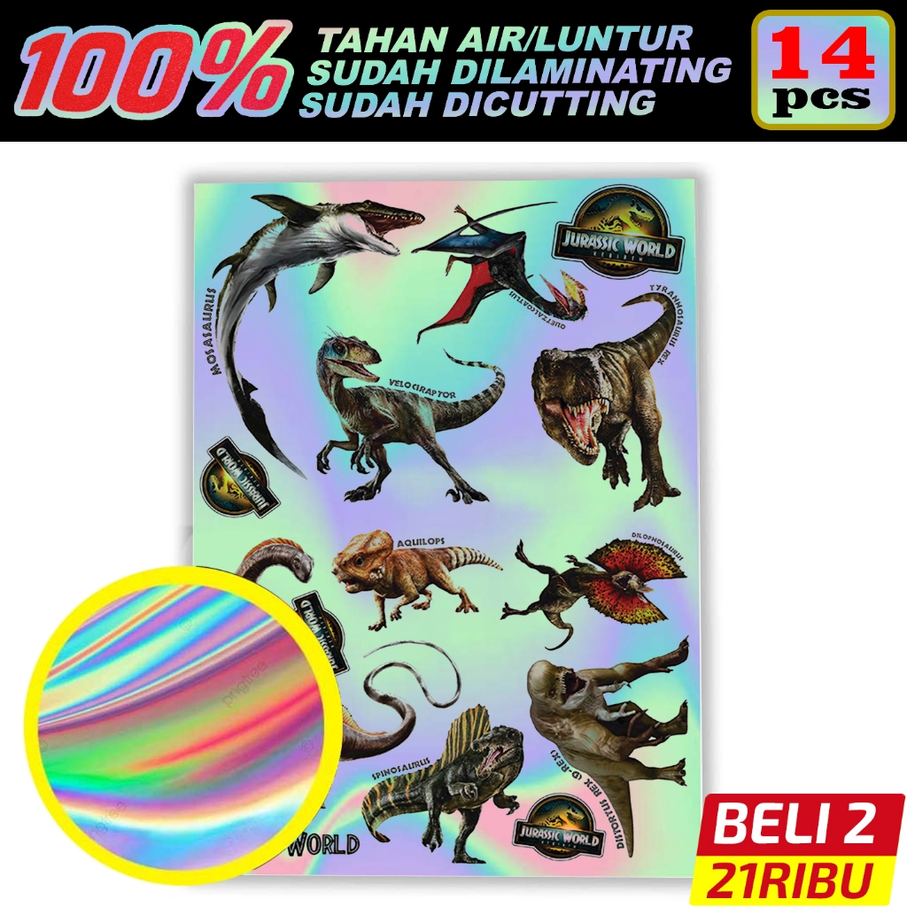 Stiker Jurassic World Rebirth 2025 – 14 Pcs Vinyl Hologram Premium Tahan Air, Laminasi & Sudah Dicut