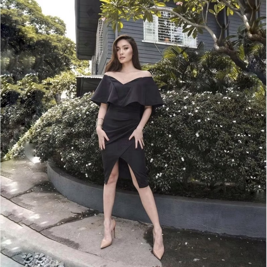 PRIEFER DRESS - Dress pesta sabrina off shoulder bodycon midi slit dress big size jumbo ukuran besar