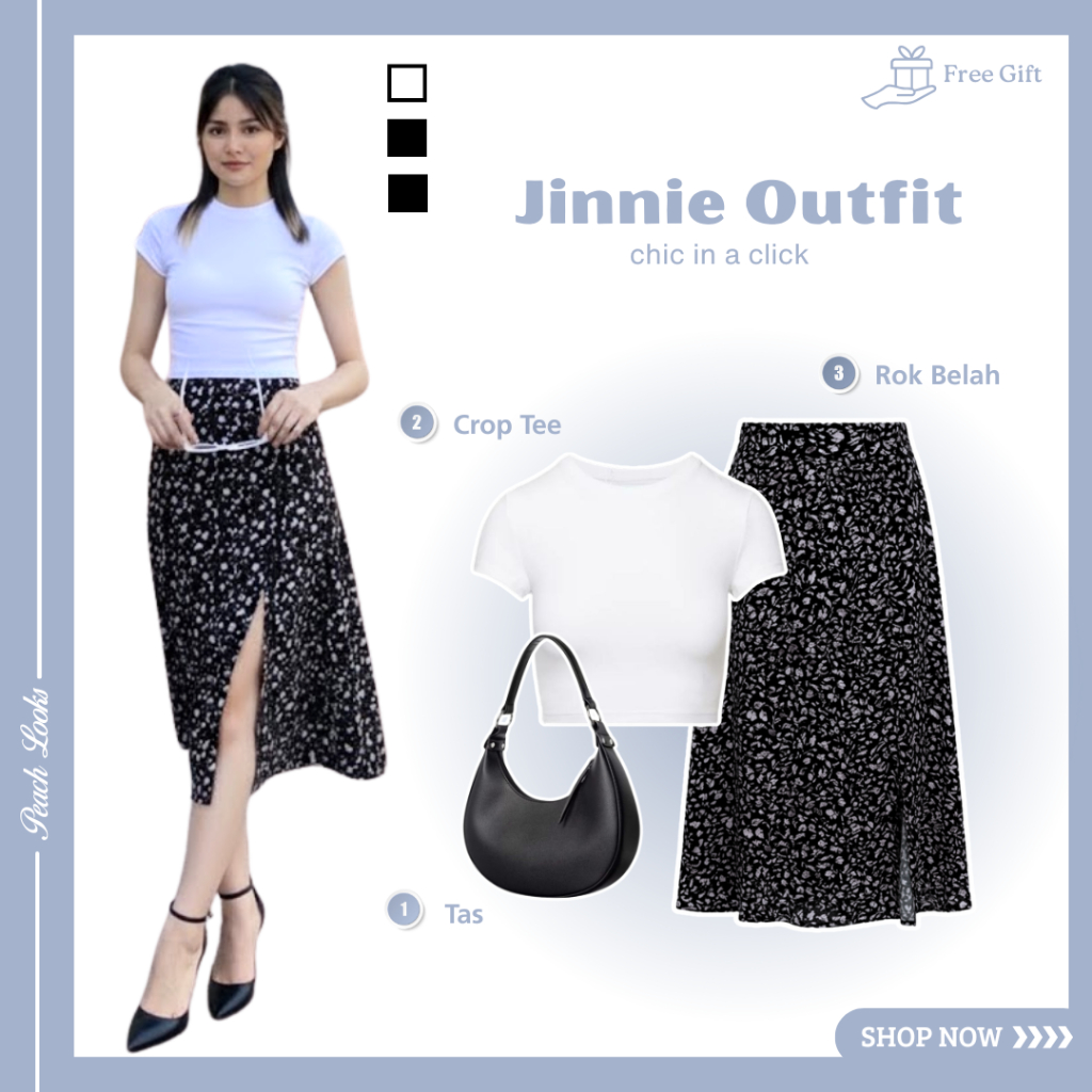 One Set Jinnie Outfit ( Crop Tee + Rok Belah + Tas ) Ootd Korean Style | Fashion Wanita Kekinian