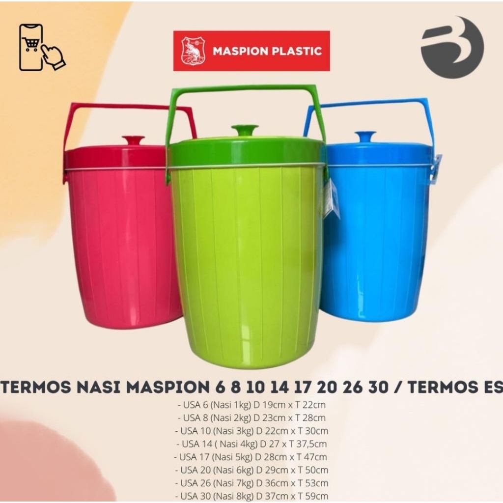 MASPION PLASTICS RICE/ICE BUCKET TERMOS NASI/TERMOS ES USA6/USA8/USA10/USA14/USA17/USA20/USA26/USA30