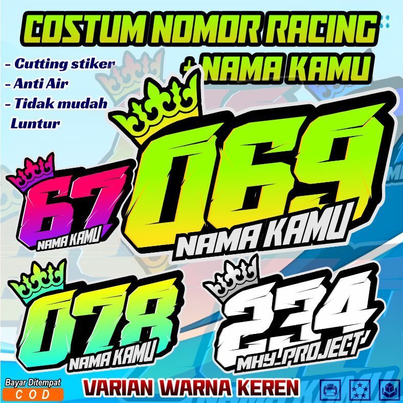 Custom Stiker Nomor Racing Mahkota Dan Nama,Sticker Cutting Nomor Racing Cetak UV