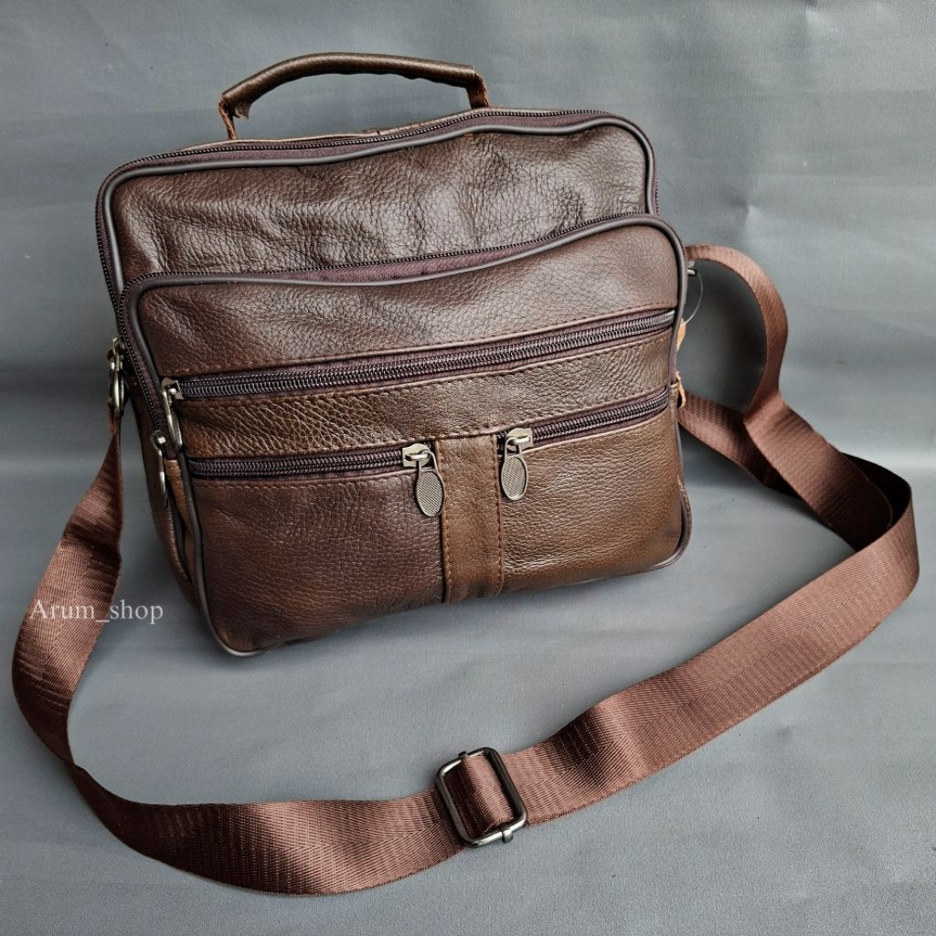 Tas pria selempang full kulit sapi asli 7 resleting kantong