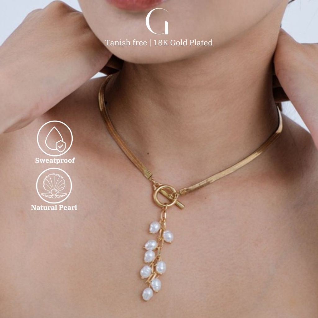 GLANS Pearl Herringbone Necklace | Kalung Emas Mewah Mutiara Baroque Rantai Herringbone GB1K-01