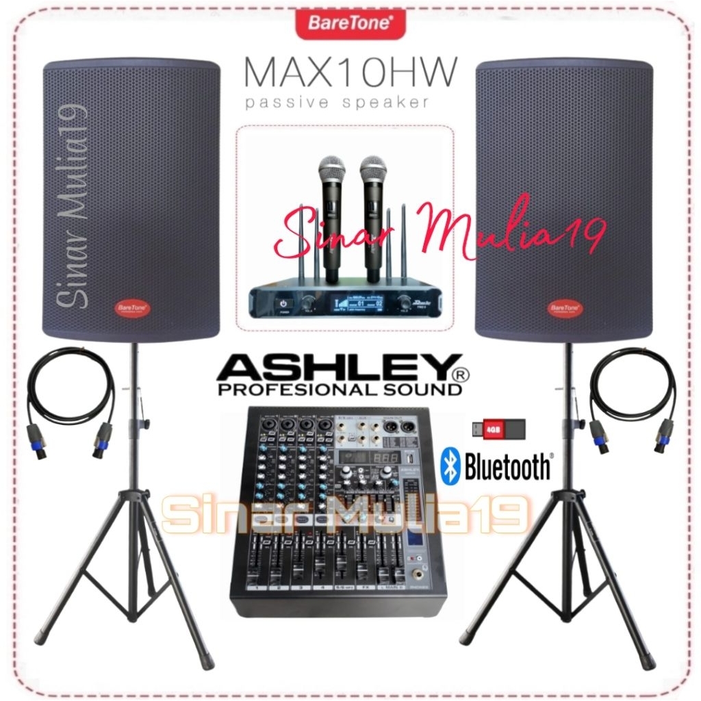 PAKET KARAOKE LIVE MUSIK SPEAKER BARETONE MAX10HW POWER MIXER ASHLEY 6 CHANNEL MIC WIRELESS DUSENBER