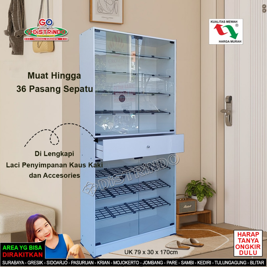 DISTRINDO Rak Sepatu Kaca Minimalis / Lemari Sepatu Susun dengan Laci