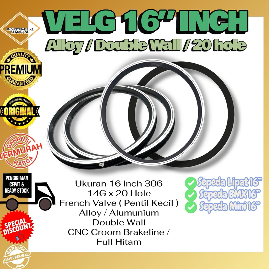 ( XLR8 VELG 16 INCH / 20H / ALLOY / DOUBLE WALL ) Rims Roda Velk Sepeda Lipat Bmx Mini 16 Inch 306 L