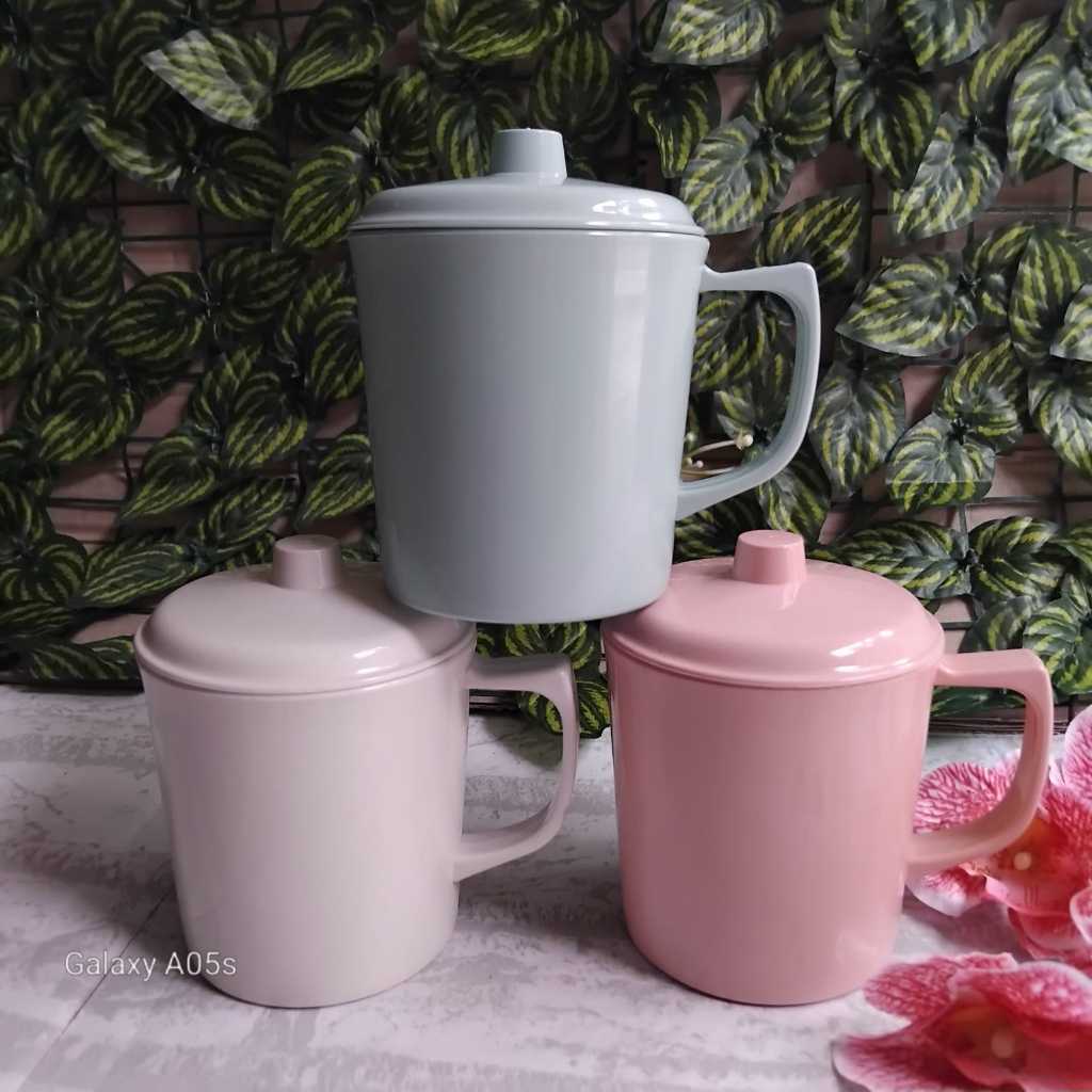 Diskon 6 Pcs Cangkir Gelas Mug Tutup Gagang Plastik Warna Kopi Teh 350 ml Semi Melamin Tebal BPAFree