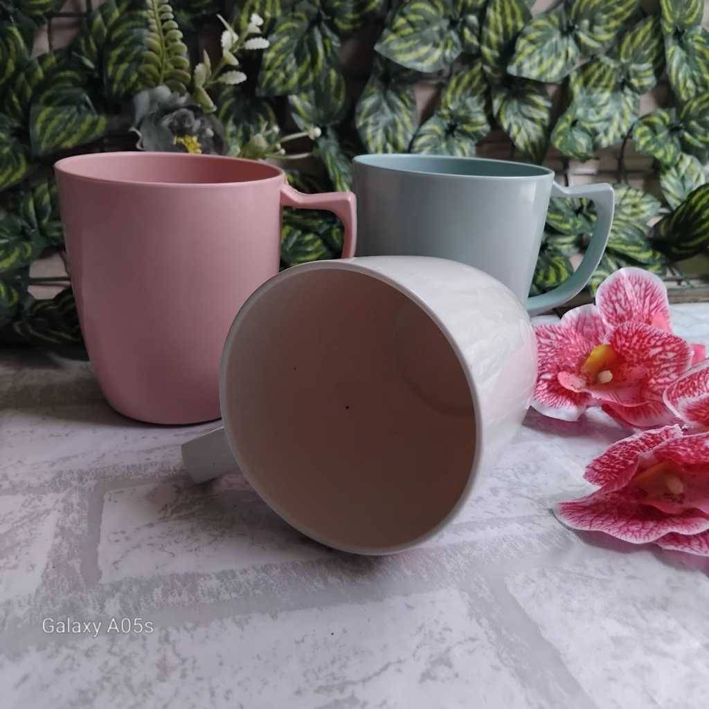 Murah 6 Pcs Cangkir Gelas Mug Gagang Plastik Warna Kopi Teh 350 ml Semi Melamin Tebal BPA Free