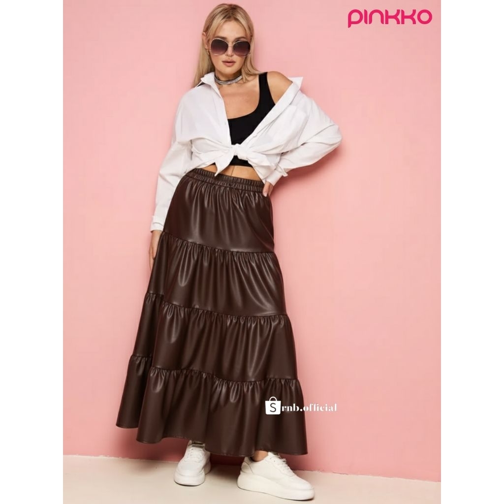Rok rempel susun highwaist koreaan,rok kulit panjang hitam,coklat