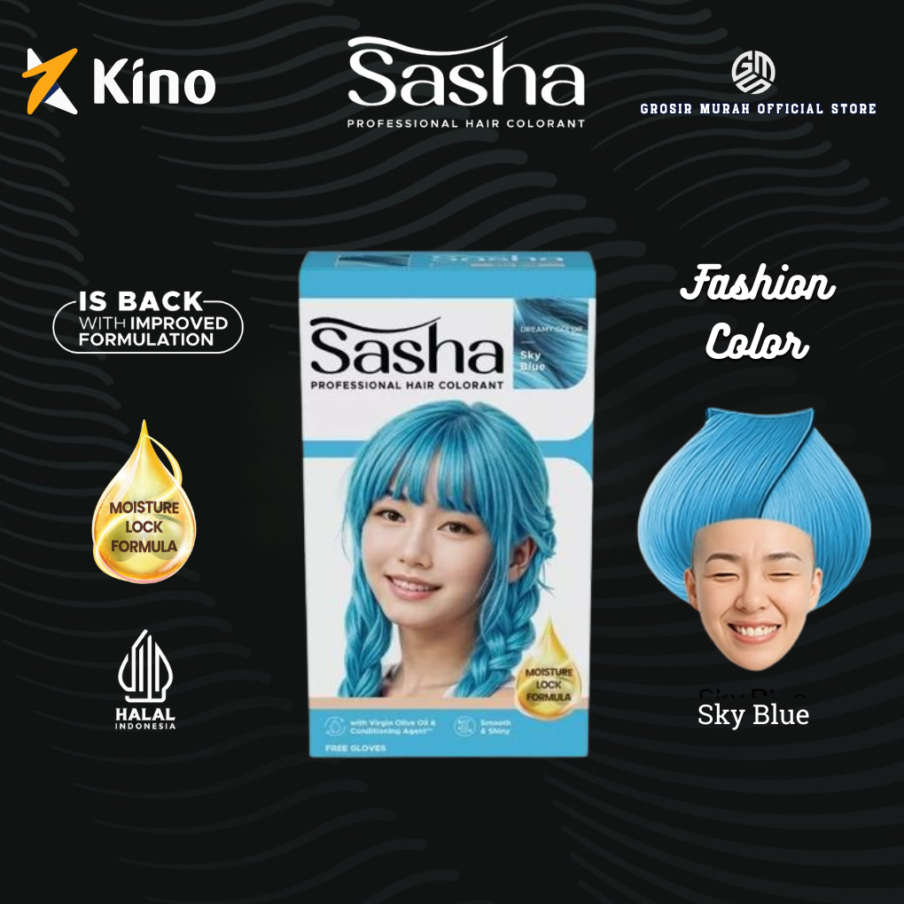 Sasha Hair Colorant 25gr Sky Blue Cat Rambut Biru Muda Profesional Pewarna Rambut Tahan Lama Halal